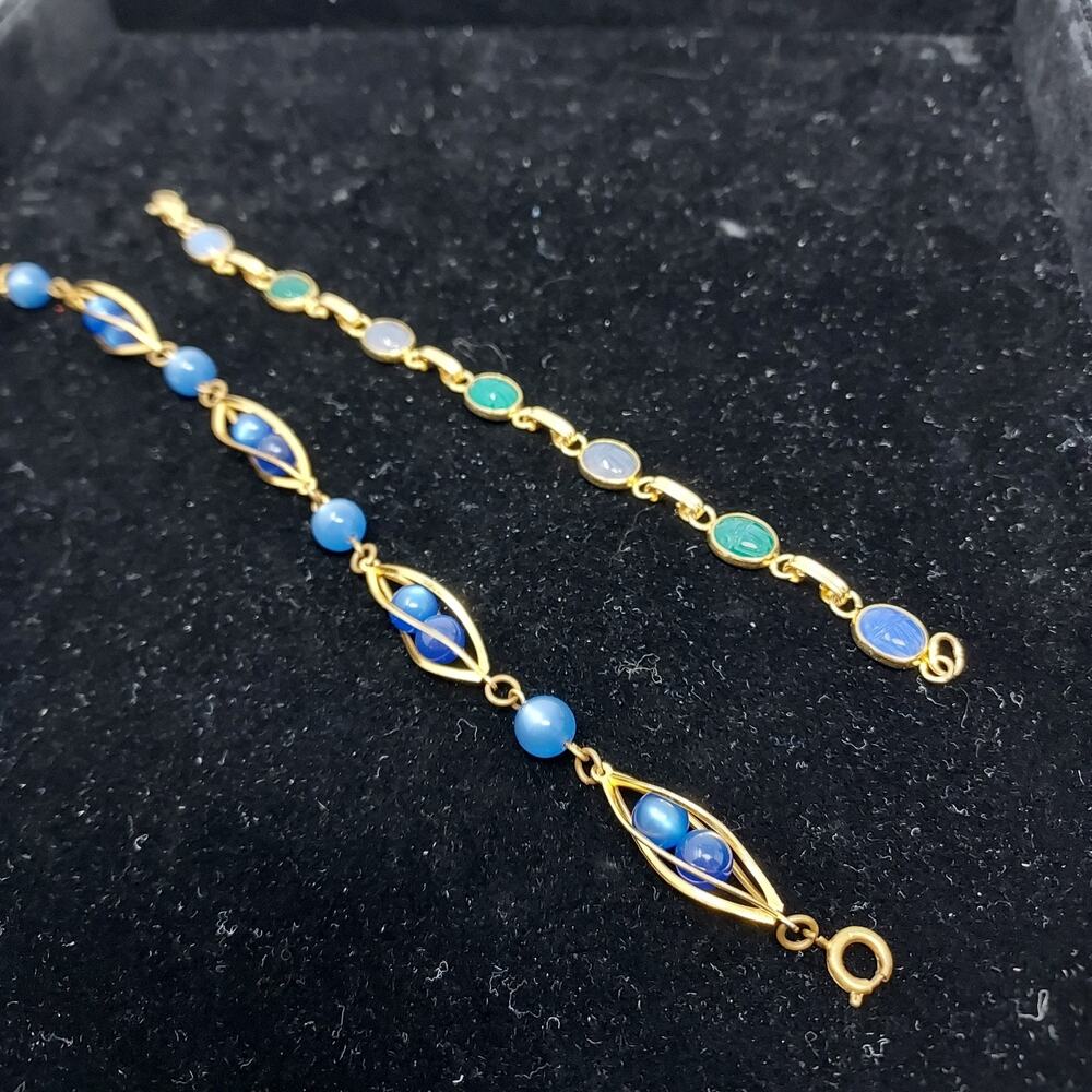 Lot 2 Scarab Beetle and Caged Bead Bracelets Stone Gold Tone Delicate